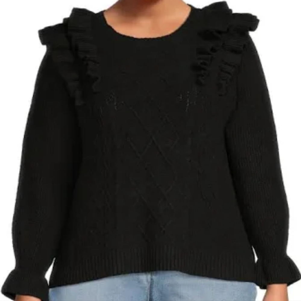 Terra & Sky Women Ruffle Knit Sweater Midweight Plus Size 2X Black Toot